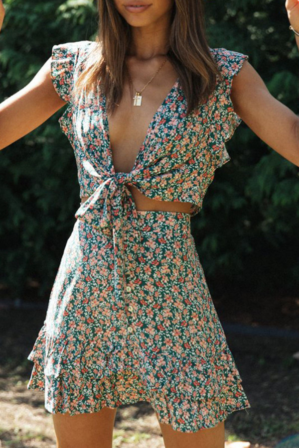 Fashion Street Print Split Joint V Neck Sleeveless Two Pieces
