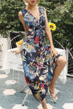 Fashion Street Print Split Joint V Neck Waist Skirt Dresses