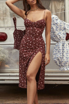Fashion Street Print Split Joint Slit Spaghetti Strap A Line Dresses