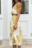 Fashion Casual Print Split Joint Flounce Oblique Collar Sleeveless Two Pieces