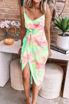 Sexy Patchwork Tie-dye Spaghetti Strap Irregular Dress Dresses