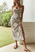 Fashion Elegant Print Backless Slit Dresses