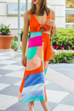 Fashion Street Print Split Joint V Neck A Line Dresses