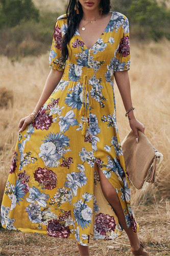 Bohemian Vacation Floral Patchwork Slit V Neck Waist Skirt Dresses