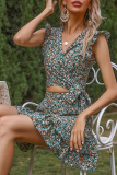 Elegant Floral Frenulum Buttons Flounce V Neck Two Pieces