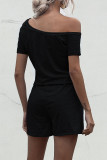 Fashion Casual Solid Draw String Oblique Collar Loose Rompers