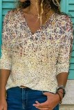 Street Print Patchwork V Neck Tops