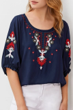 Casual Embroidery Split Joint O Neck T-Shirts
