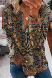 Casual Print Printing Zipper V Neck Tops