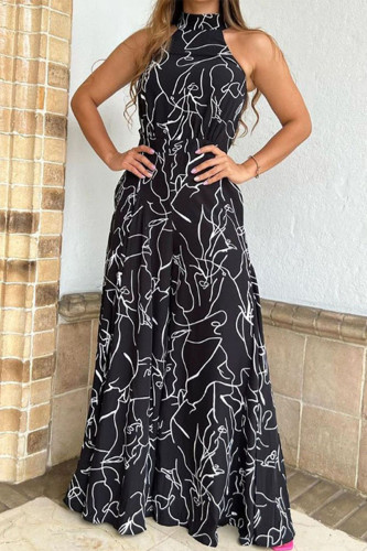 Casual Simplicity Print Patchwork Frenulum Halter Loose Jumpsuits