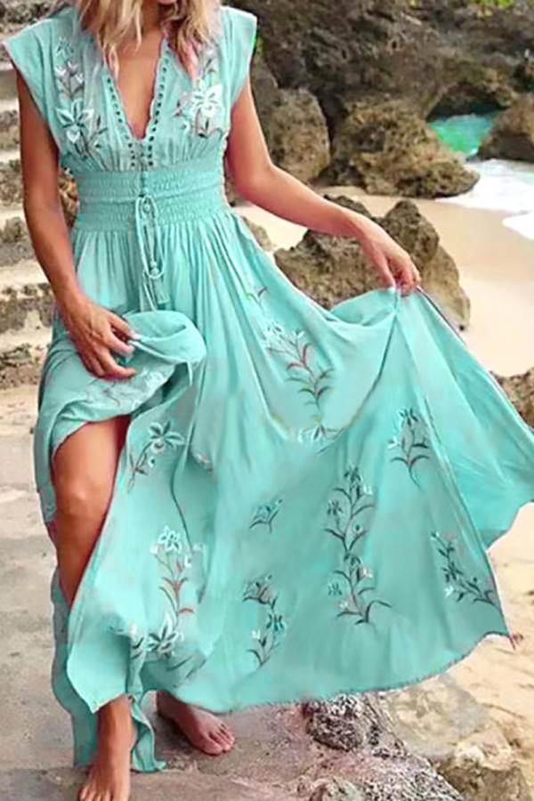 Fashion Street Print Patchwork V Neck Irregular Dresses