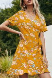 Elegant Floral Frenulum Flounce V Neck A Line Dresses