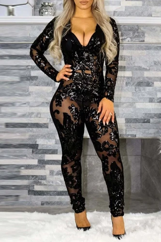 Black Sexy Patchwork Hollowed Out Sequins See-through V Neck Skinny Jumpsuits