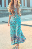 Bohemian Print Buckle Slit V Neck Dresses