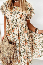 Casual Sweet Floral Split Joint Flounce O Neck A Line Dresses