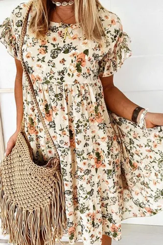 Casual Sweet Floral Split Joint Flounce O Neck A Line Dresses