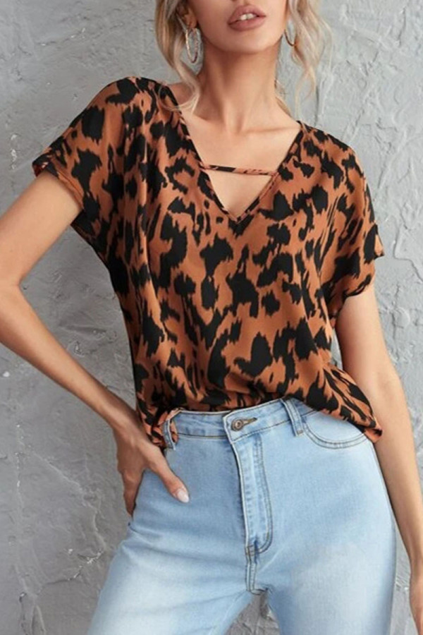 Fashion Casual Print Split Joint V Neck Tops
