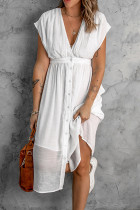 Sexy Casual Solid Buckle Solid Color V Neck Lantern Skirt Dresses