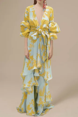 Elegant Floral Patchwork V Neck Irregular Dress Dresses