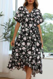Fashion Elegant Floral Split Joint Flounce V Neck A Line Dresses