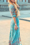 Bohemian Print Buckle Slit V Neck Dresses