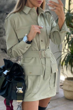 Fashion Solid Pocket With Belt Turndown Collar Dresses