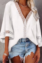 Casual Solid Hollowed Out Split Joint V Neck Tops