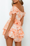 Fashion Street Print Patchwork Off the Shoulder Loose Rompers