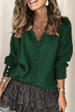 Casual Solid Lace Patchwork Buckle V Neck Tops