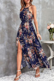 Bohemian Elegant Print Floral Frenulum Halter A Line Dresses
