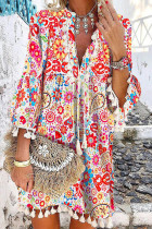 Fashion British Style Print Tassel V Neck Princess Dresses