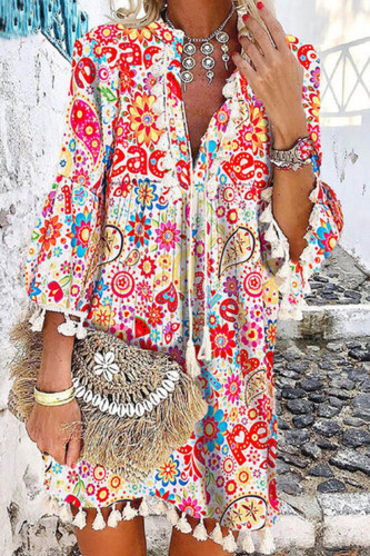 Fashion British Style Print Tassel V Neck Princess Dresses
