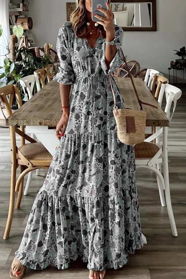 Bohemian College Floral Frenulum V Neck Printed Dresses(6 Colors)