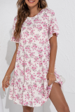 Elegant Floral Split Joint Flounce O Neck A Line Dresses