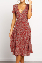 Elegant Print Split Joint Frenulum V Neck A Line Dresses