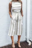 Fashion Casual Striped Split Joint O Neck Straight Jumpsuits