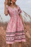 Elegant Floral Split Joint Draw String V Neck A Line Dresses