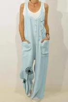 Fashion Simplicity Print Pocket Spaghetti Strap Loose Jumpsuits