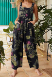 Casual Print Pocket Buttons Square Collar Straight Jumpsuits