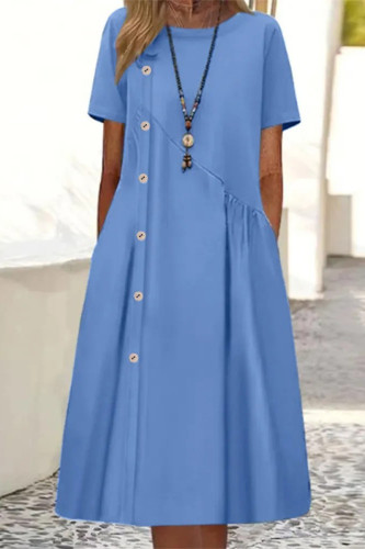 Casual Daily Solid Pocket Buttons O Neck A Line Dresses