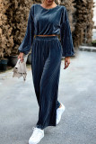 Elegant Solid Pocket O Neck Long Sleeve Two Pieces