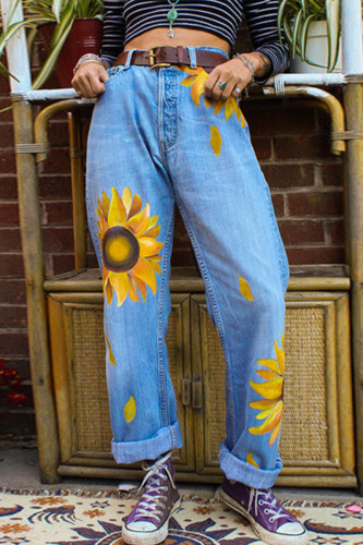 Casual Floral Make Old Basic Mid Waist Wide Leg Positioning Print Bottoms