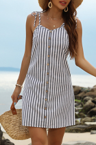 Elegant Striped Buckle Strap Design V Neck A Line Dresses