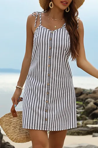 Elegant Striped Buckle Strap Design V Neck A Line Dresses