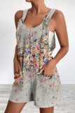 Casual Print Pocket V Neck Loose Rompers