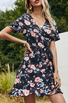 Elegant Floral Frenulum Flounce V Neck A Line Dresses