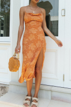 Elegant Color Lump High Opening Fold Spaghetti Strap Dresses