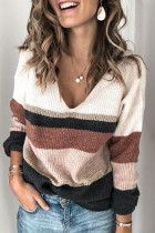Casual Color Block Patchwork V Neck Tops