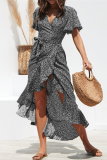Elegant Print Frenulum Flounce V Neck Irregular Dress Dresses