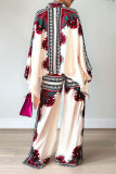 Casual Print Patchwork Buckle Asymmetrical Turndown Collar Long Sleeve Two Pieces